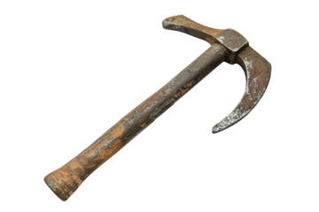 Vintage rusted axe with a long handle and worn-out steel blade. Once used for forestry, now a relic of the past.