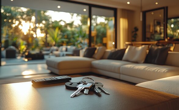 Modern minimalist living room with keys on table in cozy apartment interior