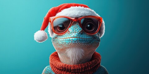 Funny Christmas Chameleon with Santa Hat Sunglasses Antlers and Beard on Blue Background