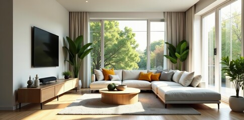 Bright living room with large windows and contemporary furniture, apartment, interior design