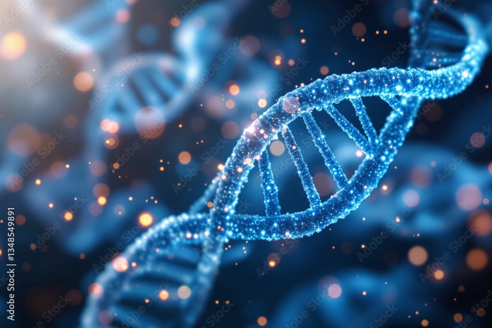Poster glowing dna double helix structure with particles.