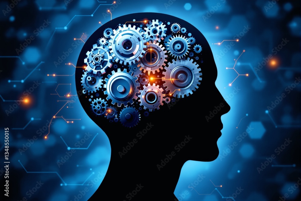 Aufkleber Silhouette of human head with mechanical gears inside, symbolizing artificial intelligence and machine learning concepts.