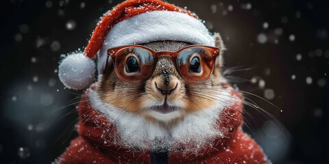 Funny Christmas Squirrel with Santa Hat and Sunglasses in Holiday Portrait