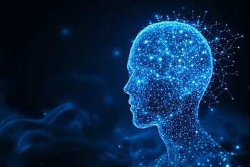 Futuristic digital human head with neural network connections glowing in blue.