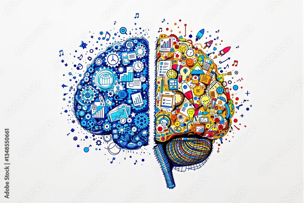 Poster Creative brain illustration depicting the left side with science and technology icons in blue and the right side with colorful artistic elements on a white background.