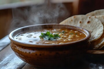 A steaming bowl of harira soup with flatbread on the side, capturing the essence of Ramadan cuisine