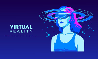 illustration of a woman with a technology ring around her head on a virtual background.