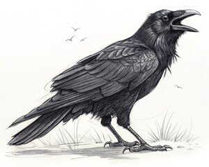 An artistic charcoal sketch of a  crow with rough and expressive strokes,  Artwork, charcoal on rough grain paper with deep shadows and highlights, sketch of a raven, crow on the ground