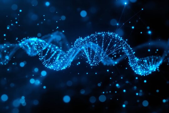 Glowing DNA strand with futuristic digital connections on dark background.