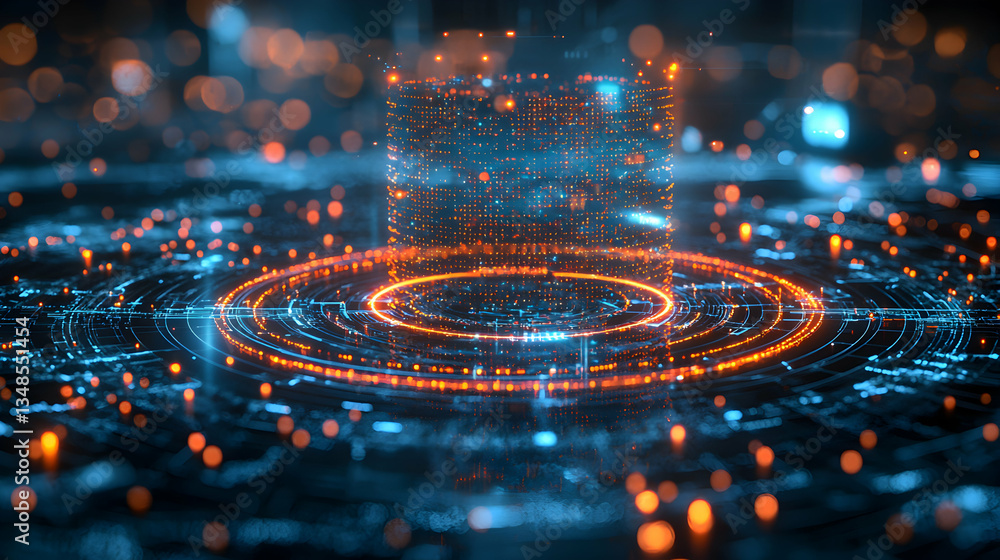 Poster futuristic glowing orange and blue digital interface with data and code. ideal for technology, cyber