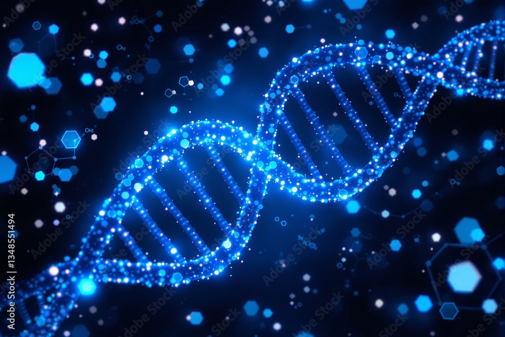 Poster glowing dna helix with molecular structures on dark background.