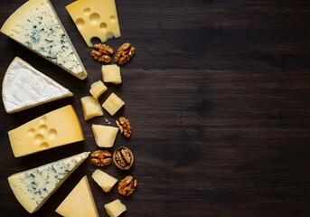 Gourmet Cheese Selection with Walnuts on Dark Wooden Background: A Culinary Delight