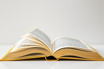 Open hardcover book with yellow binding on white background.