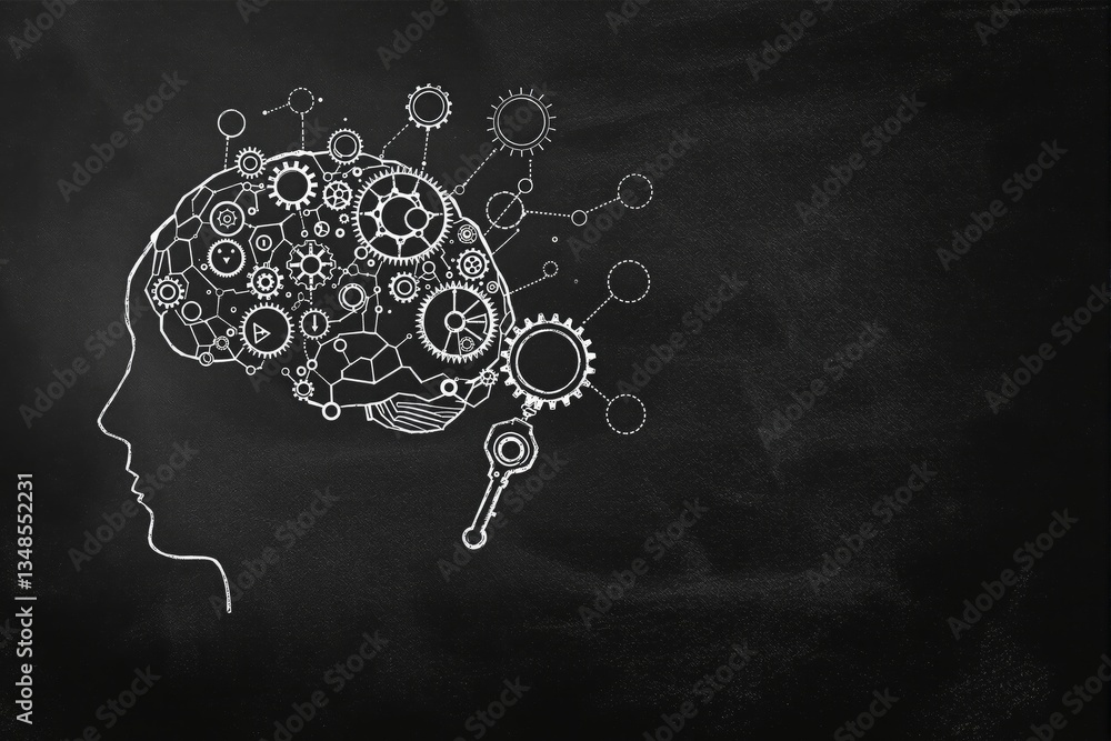Poster creative brain with gears and connections on chalkboard.
