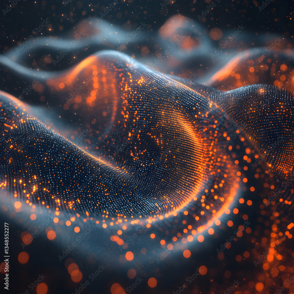 Poster a vibrant abstract landscape of glowing particles forming a dynamic wave. perfect for digital art mu