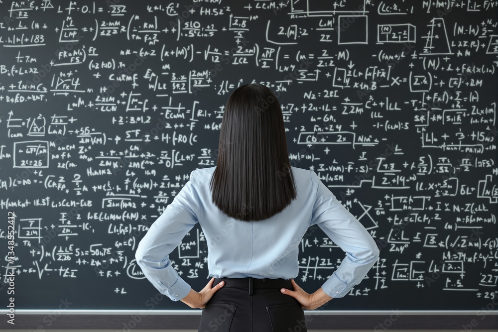 Aufkleber woman analyzing complex mathematical formulas on chalkboard.