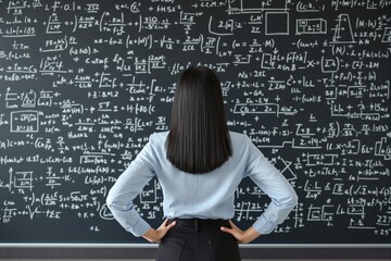 Woman analyzing complex mathematical formulas on chalkboard.