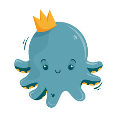 Illustration vectorielle d'un petit bébé poulpe mignon qui porte une couronne - Dessin enfantin pour illustration jeunesse, édition ou décoration pour un événement d'enfant - Personnage marin adorable
