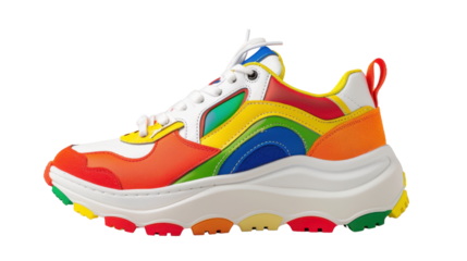 Multicolored sneaker with thick sole isolated on transparent background