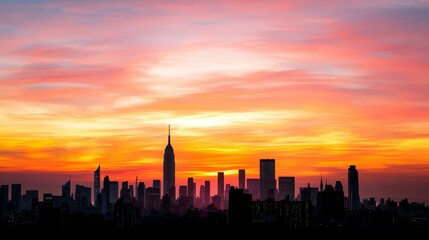 Fototapeta premium Fiery Sunset Skyline Cityscape Silhouette at Dawn