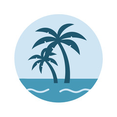 Two palm trees on tropical island at sunset