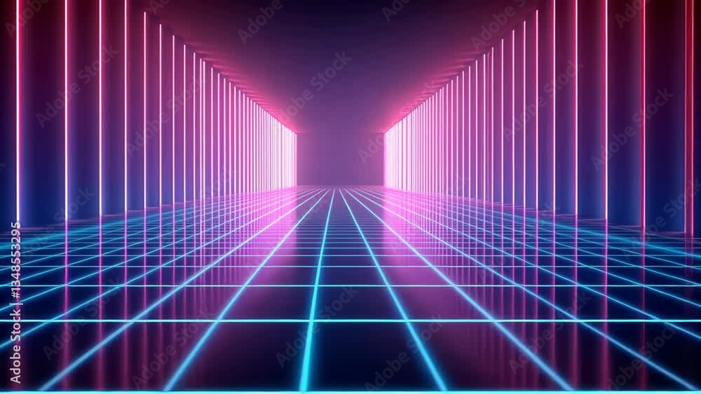 Poster neon lights illuminate futuristic corridor, creating mesmerizing depth effect and vibrant colors