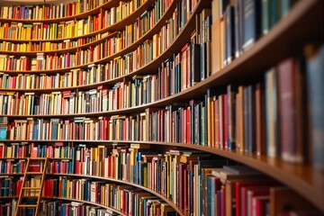 Large curved bookshelf filled with colorful books in a library.