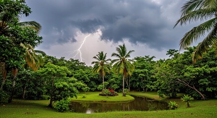 Fototapeta premium A Dramatic Thunderstorm Forming Over a Secluded Oasis