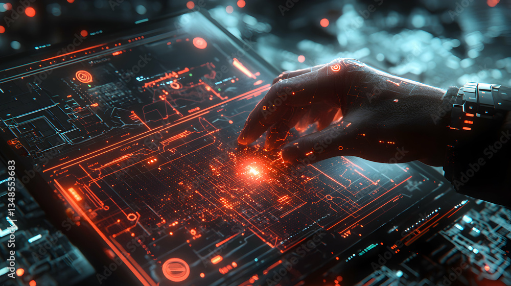 Aufkleber luminous holographic servers glow in a futuristic data center with two observing figures. perfect fo