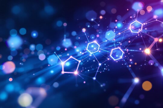 Abstract futuristic molecular structure with glowing hexagonal shapes and connecting lines on a blurred blue background.