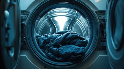 Inside of a washing machine with dark clothing visible, illustrating laundry in an open drum. 