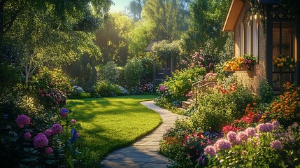 Fototapeta premium Sunlit Garden Path Beside a Flower Filled House