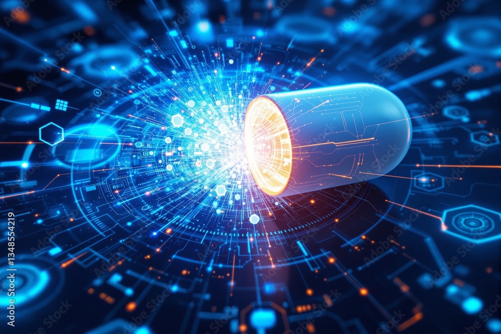 Aufkleber futuristic glowing pill with digital explosion of data and technology.