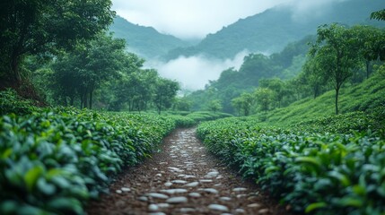 Naklejka premium Serene tea plantation walk mountain region nature scene foggy environment panoramic view tranquility concept