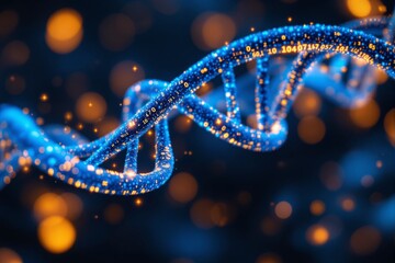 Futuristic DNA strand with digital data particles in blue and orange.