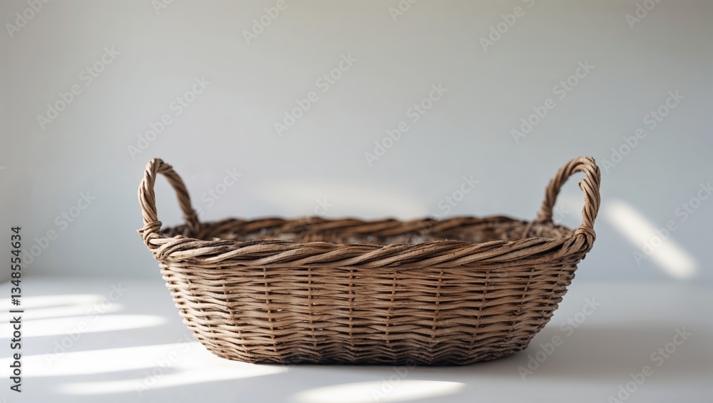 Poster woven basket resting on a wooden table with soft light illuminating its texture and shape in a minim