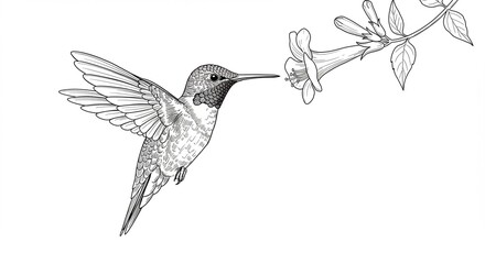 Obraz premium Elegant Hummingbird in Flight Approaching Flower Detailed Line Art Illustration