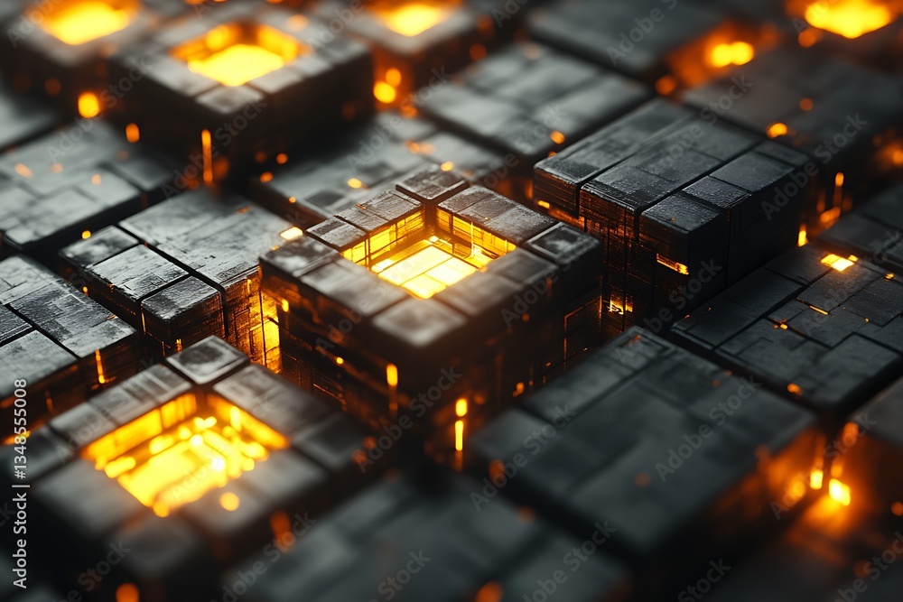 Poster illuminated glowing cube forms creating a high tech and digital design
