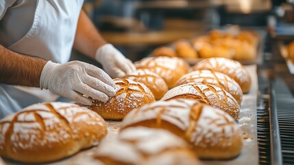 Baker Preparing Freshly Baked Bread Loaves with Flour for Sale