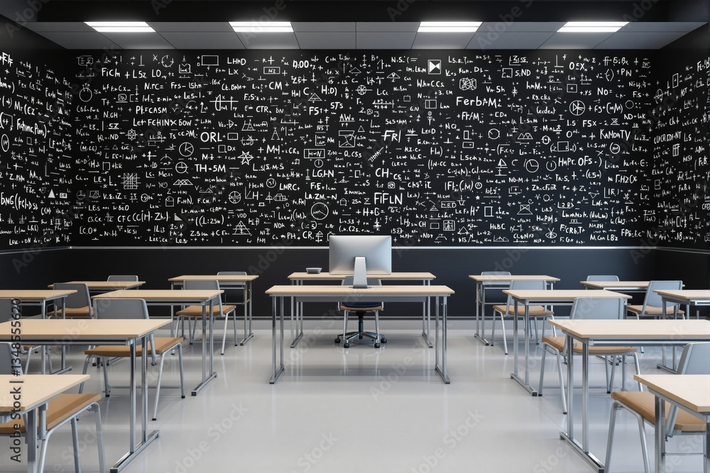 Poster Modern classroom with mathematical formulas on walls.