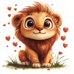 Obraz premium Lion cub illustration, with hearts floating around him, sitting on grass, with a cartoonish style and a white background