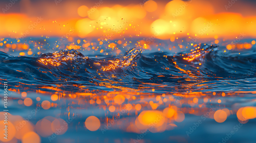 Poster a golden liquid splash rises from a dark, reflective surface. illuminated droplets create a mesmeriz