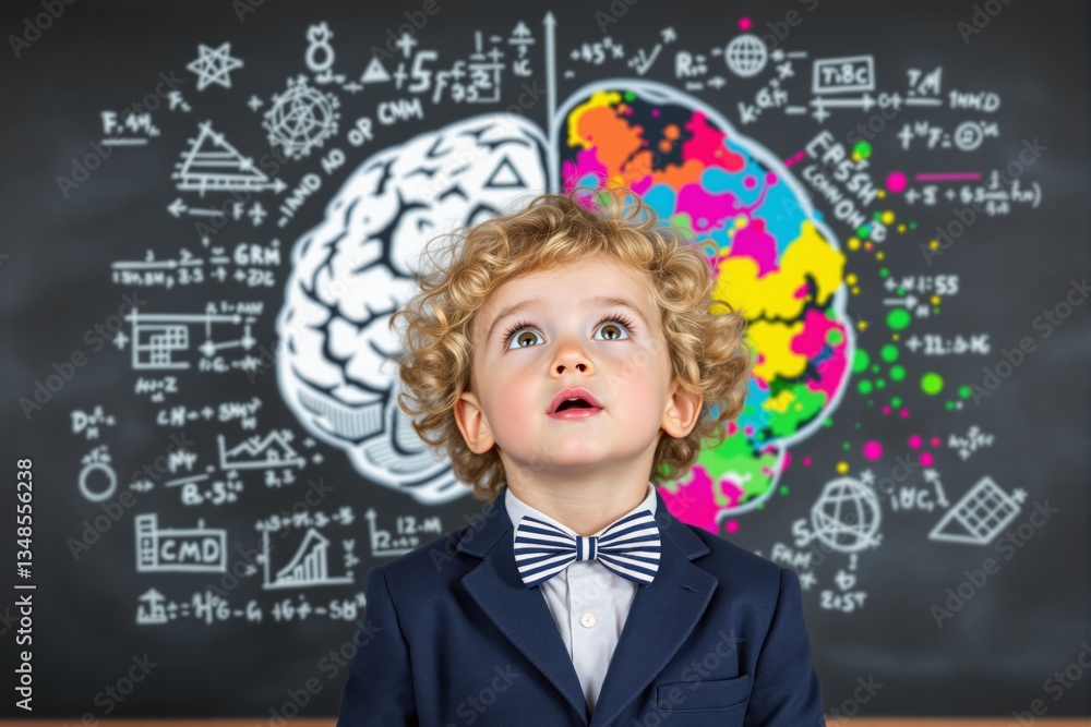 Poster curious child in suit standing before artistic brain illustration with mathematical equations.