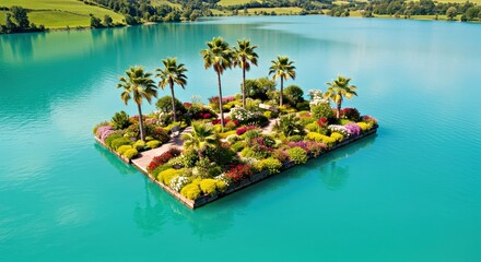 Obraz premium A Floating Garden Oasis, Seemingly Suspended in the Middle of a Lake