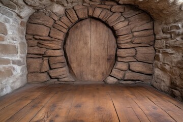 A wooden door nestled in a stone alcove