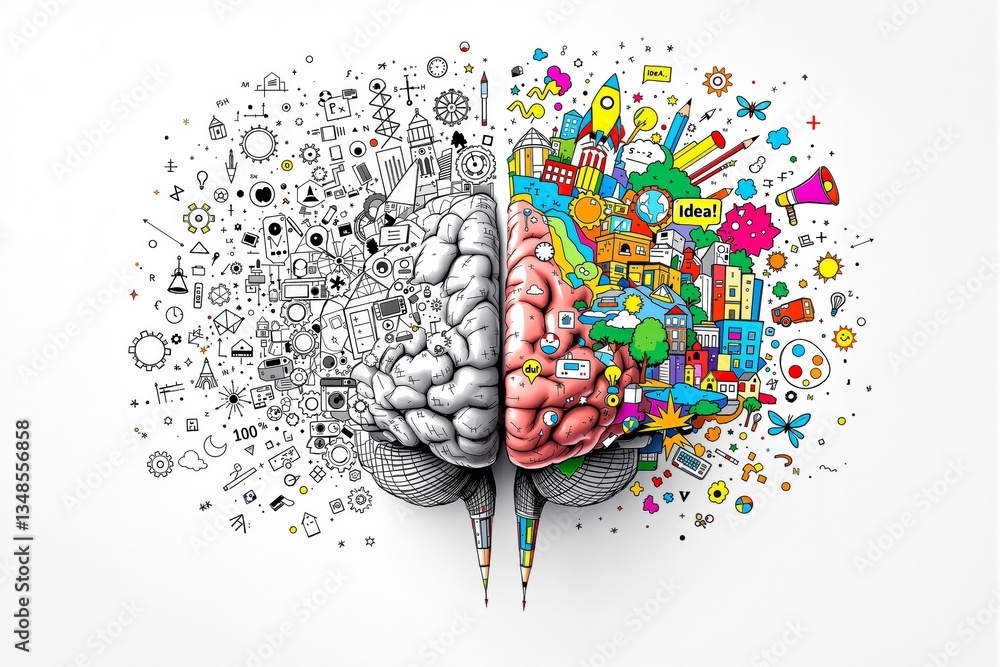 Poster creative brain concept with science and art on white background.