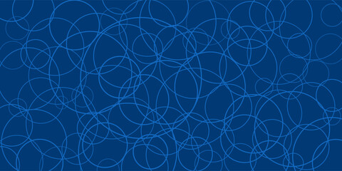 A deep blue background features overlapping white circles, forming a dynamic and modern abstract pattern. The bold contrast and simple geometric design create a visually engaging composition.