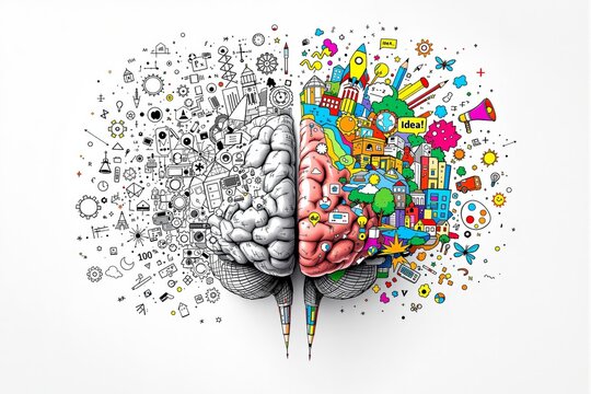 Creative brain concept with science and art on white background.