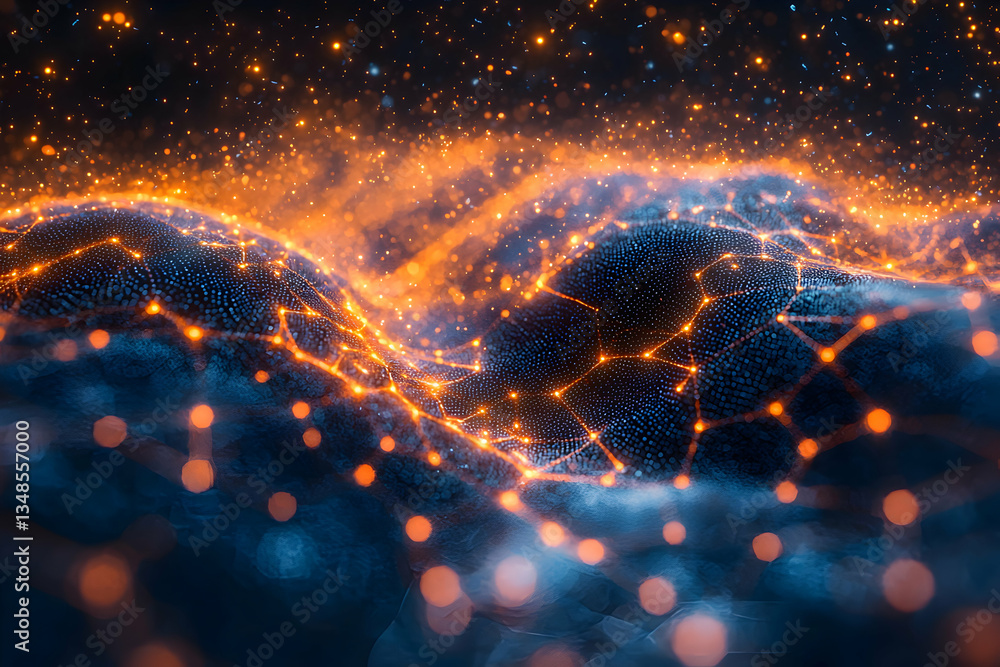 Poster abstract digital landscape with glowing particles and network connections. ideal for technology pres
