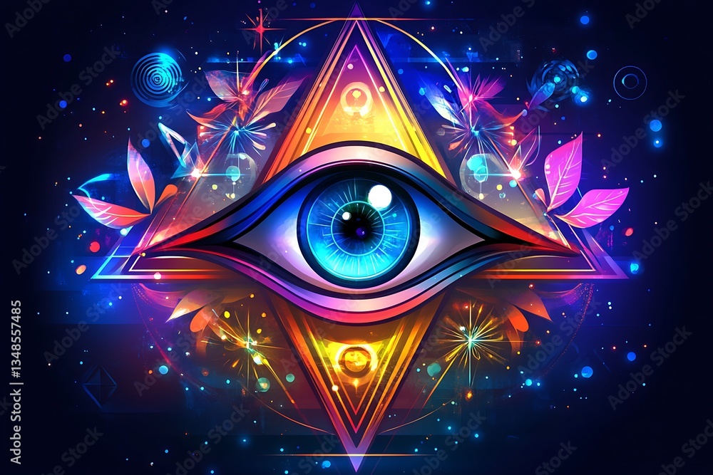 Poster colorful stylized eye within a triangular and circular design